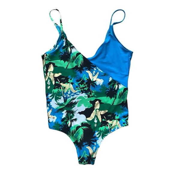 EUC Aerie Teal Gold Tropical Leaf One Piece Bathing Suit SIze L - Picture 1 of 3